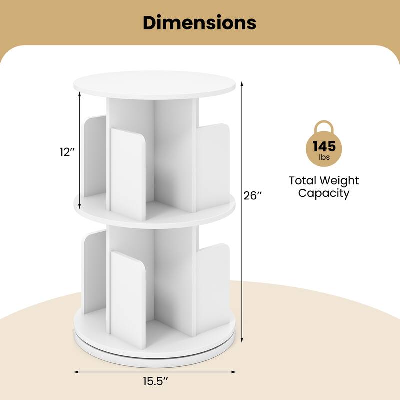 2-Tier Freestanding Bookshelf with Rotating Storage Shelves Rack for Books or Decor - 15.5" x 15.5" x 26"