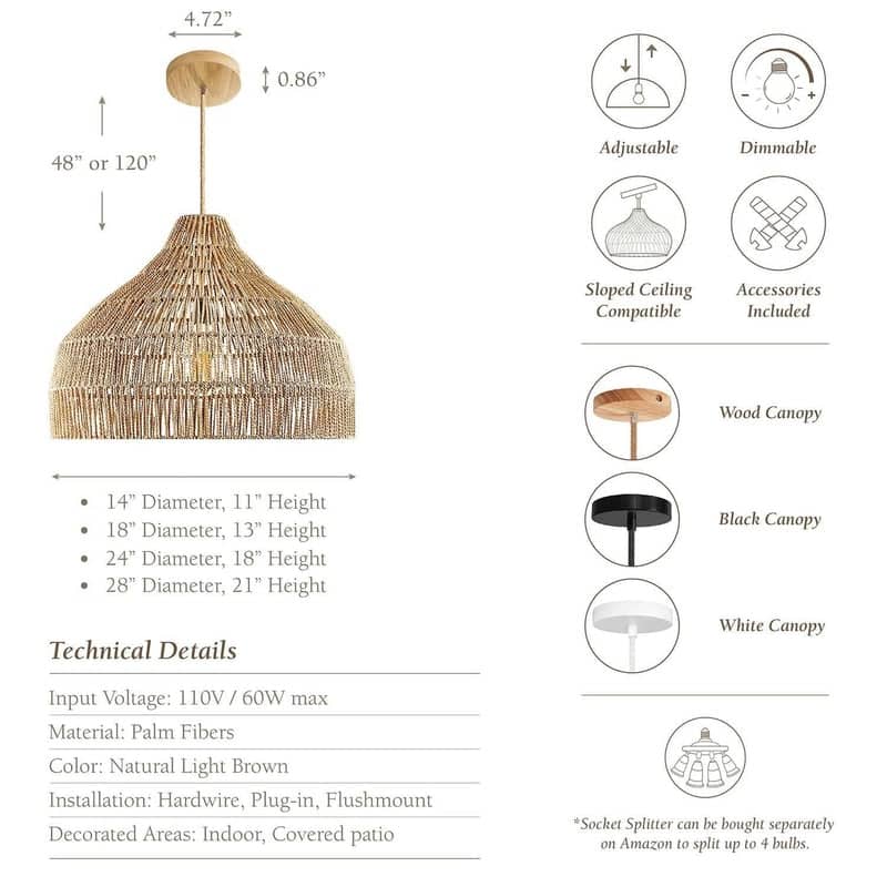 Dreamy Palm Fibers Pendant Light - Natural Dome 1-Light Handwoven Rattan Hanging Light For Modern, Boho, Farmhouse Room Decor