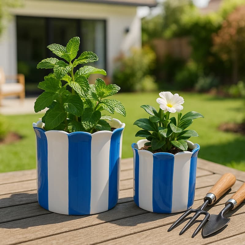 Ceramic Striped Flower Pots with Scalloped Edge - Set 2, 8", 6" - 8.0" - Blue