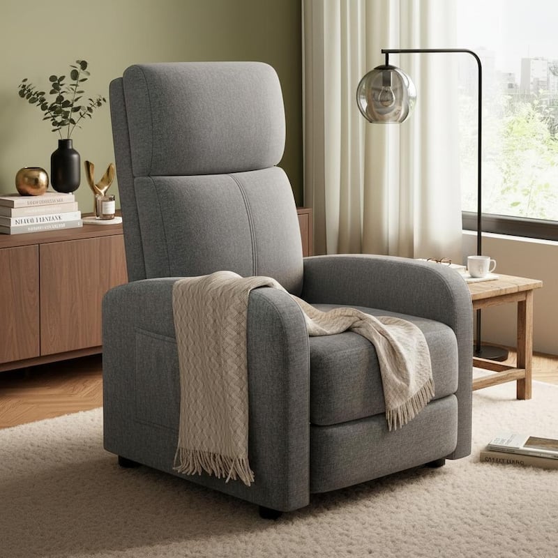 Recliner Chair for Adults, High Backrest, Thick Cushion, with Side Pocket - Light Grey