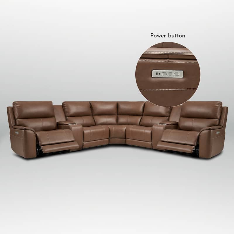 136''W 5 Seats Genuine Leather Power Reclining Double Width Brown Sectional Sofa with Zero Gravity and USB&Type-C Ports