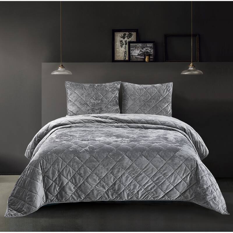 Beaute Living Diamond Velvet 3 Piece Quilt Set - Gray - Full - Queen