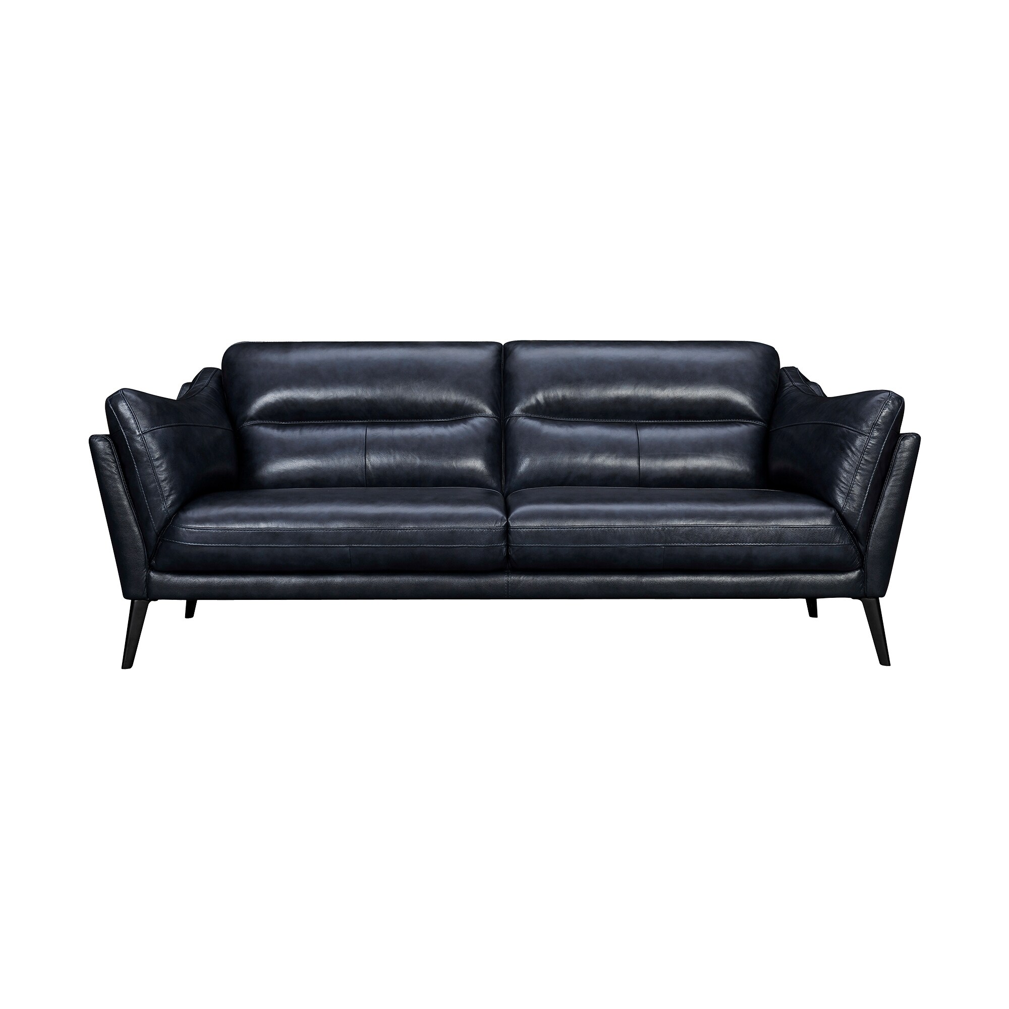Navy blue leather sofa close-up showing cushions and seams.