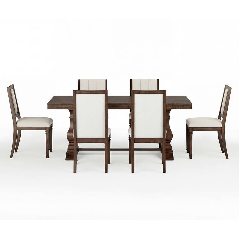 7-pieces Farmhouse Dining Table Set for 6, 74.8" Kitchen Table with Chairs, Solid Wood Legs and Upholstered Back