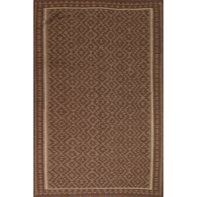 Brown Geometric Kilim Oriental Area Rug Hand-woven Wool Carpet - 7'3" x 9'9"
