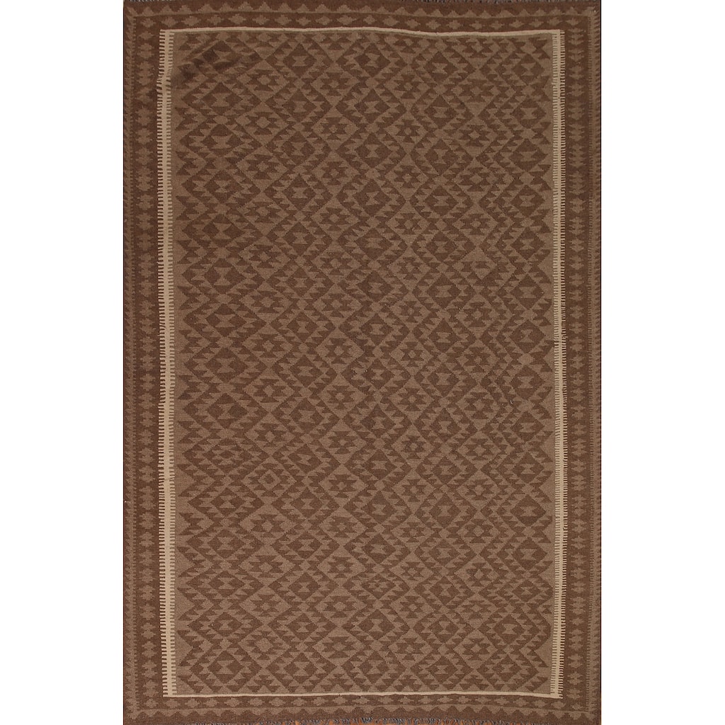 Brown Geometric Kilim Oriental Area Rug Hand-woven Wool Carpet - 7'3" x 9'9"