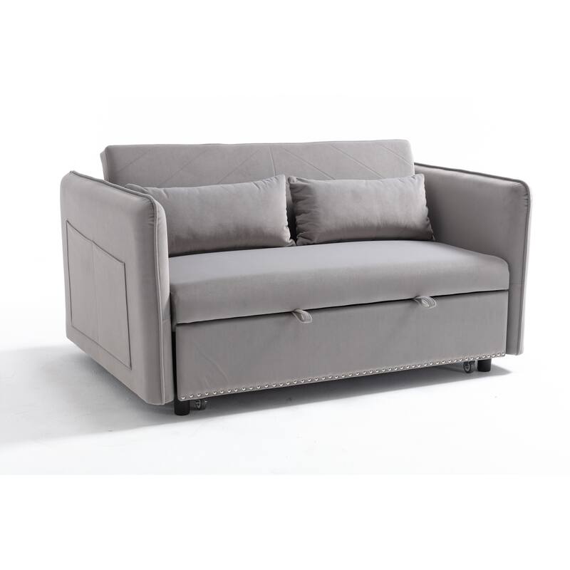 3 in 1 Convertible Sleeper Futon Sofa Bed, 55" Loveseat Lounge Couches with 2 Pillows, USB Ports & Side Pockets
