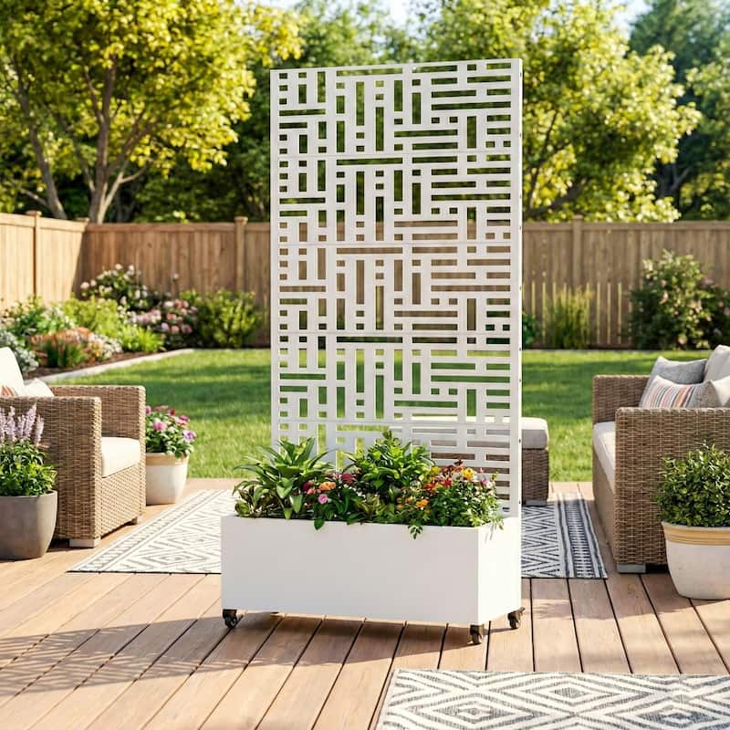 Metal Movable Planter Box with Trellis Privacy Screen Lockable Wheels