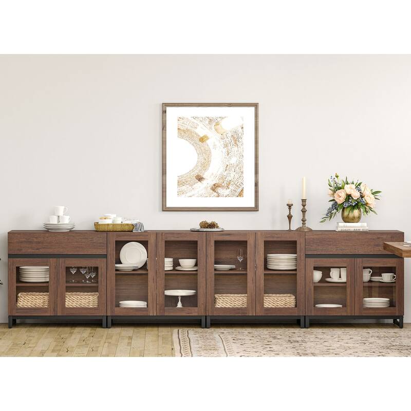 4 in 1 Multifunctional Sideboard Buffet with Glass Doors & 5 Drawers, Modern Credenza with Adjustable Shelf and Metal Base