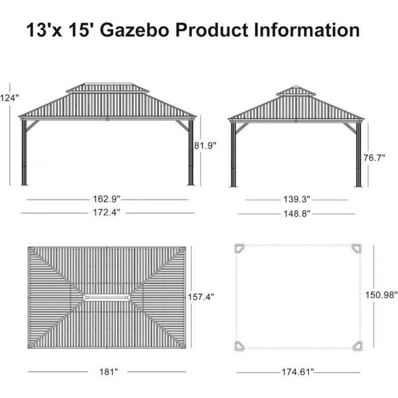 PURPLE LEAF Outdoor Gazebo Aluminum Frame Galvanized Steel Hardtop Gazebo