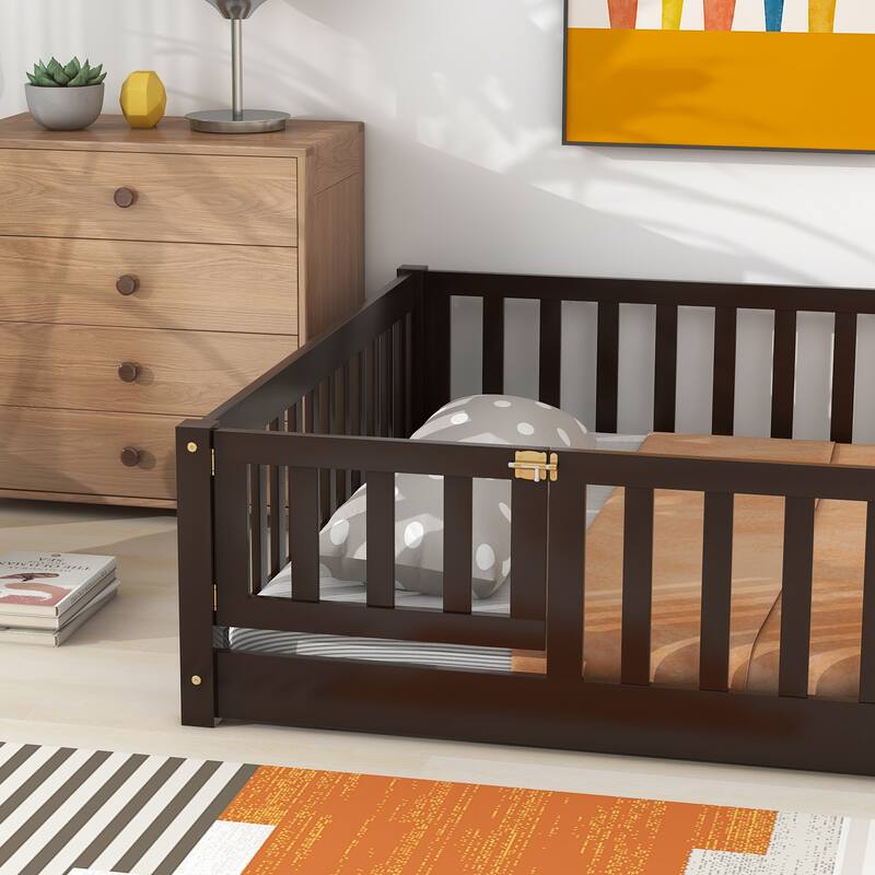 Full size Floor Platform Bed with Fence and Door, White