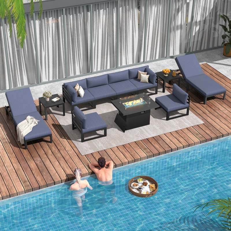 FINCATI Aluminum Outdoor Patio Furniture Conversation Sectional Sofa Set - 11 Pieces - Blue