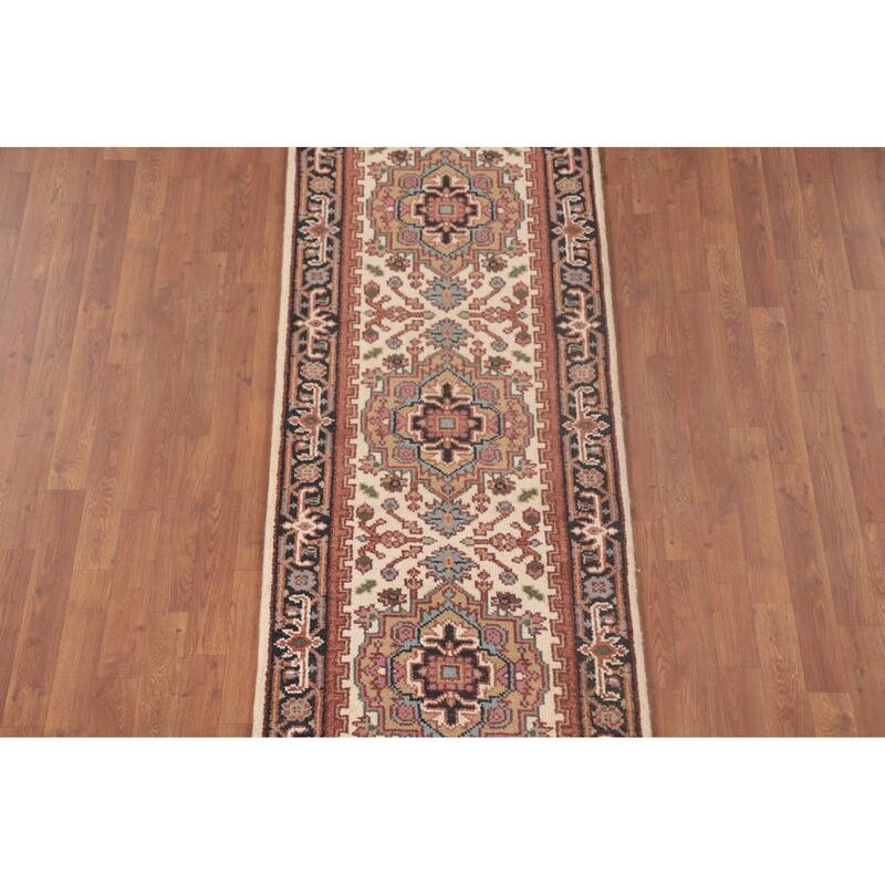Geometric Beige Heriz Serapi Runner Rug Hand-Knotted Wool Carpet - 2'7"x 7'11"