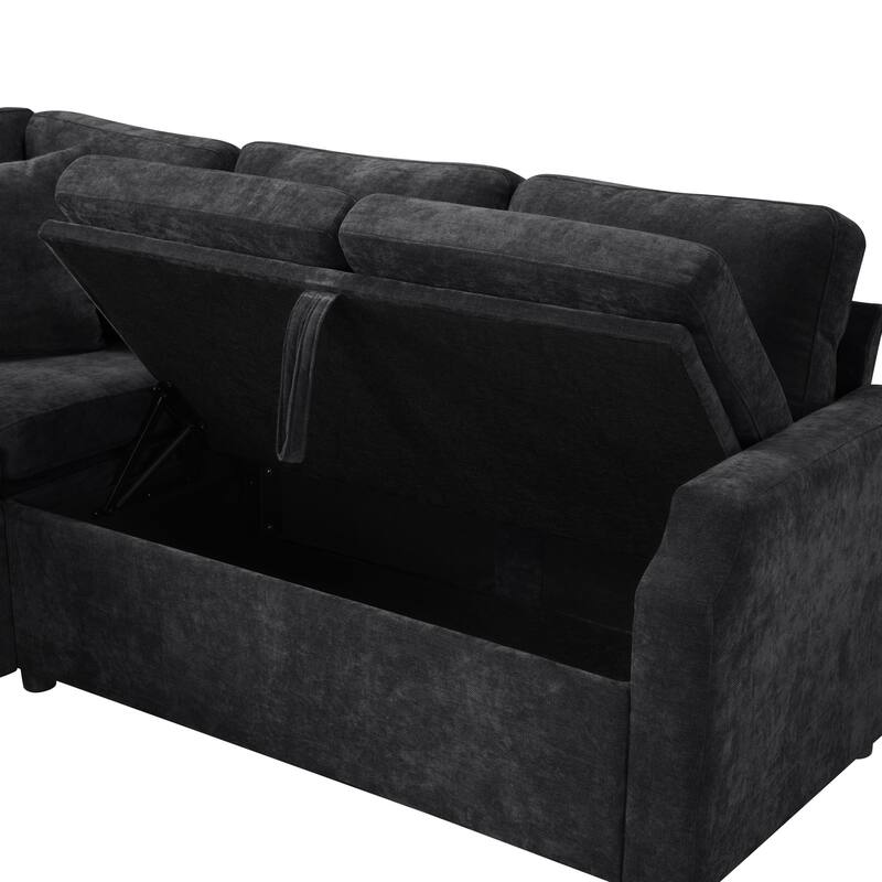 L-Shaped Sectional Upholstered Sleeper Sofa Convertible Pull-out Sofa Bed with Hidden Storage Space, Chenille Fabric