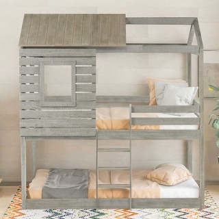 Antique Gray Safety Design Twin Over Twin Loft Bed with Roof & Guardrail