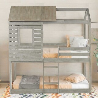 Playhouse Inspired Twin-Over-Twin Bunk Bed with Roof, Window, Guardrail, Ladder