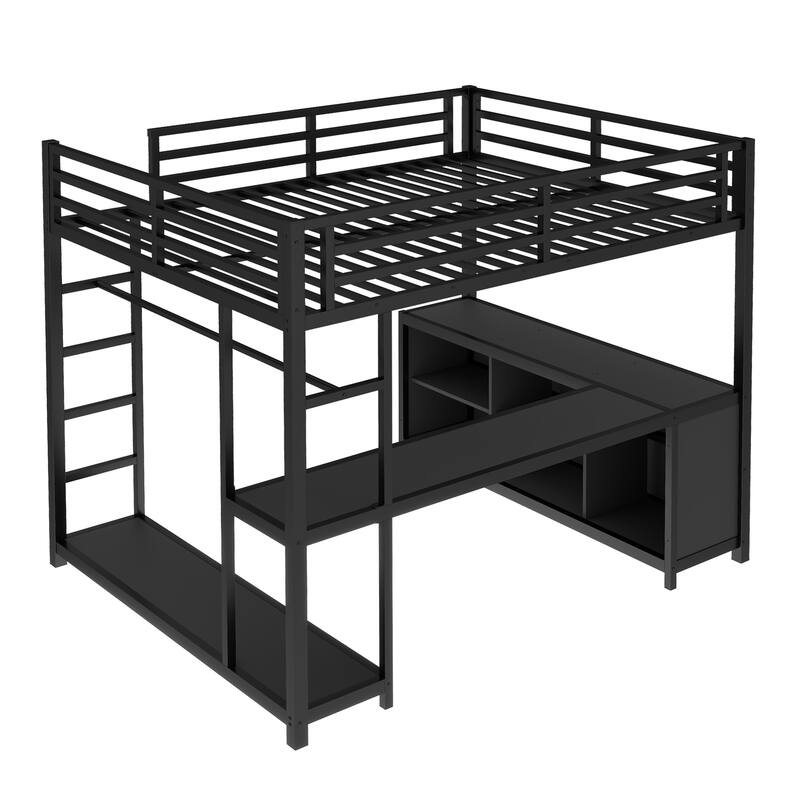 Full Size Metal Loft Bed with Wardrobe & L-shaped Desk with Storage Cubes and Shelves for Kids Teens Adults, Black