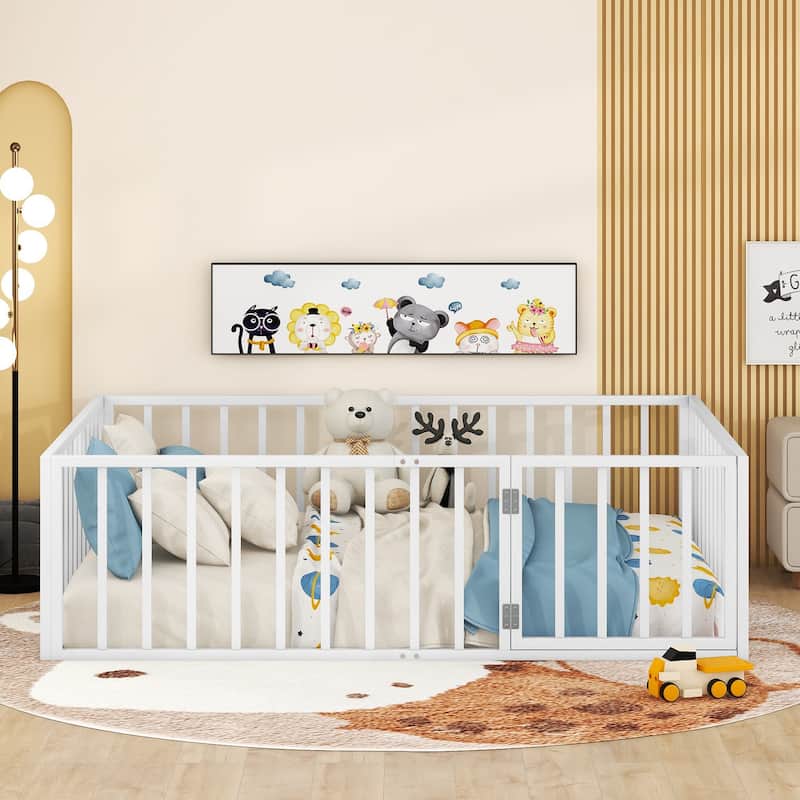 Toddler Floor Bed Full Size Metal Frame Bed with Safety Fence & Door