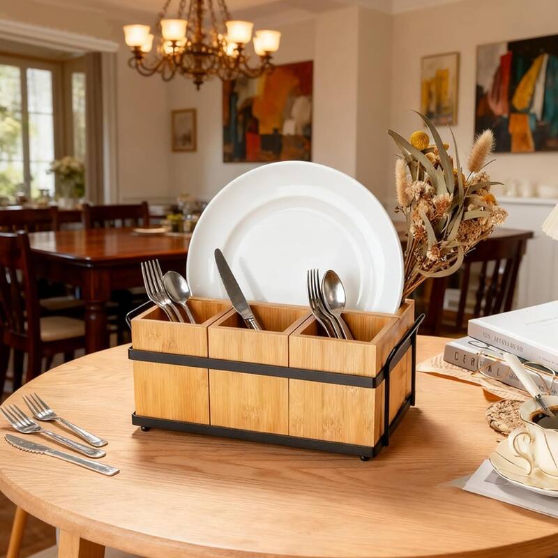 4-in-1 Kitchen Bamboo Flatware Caddy with Removable Compartments