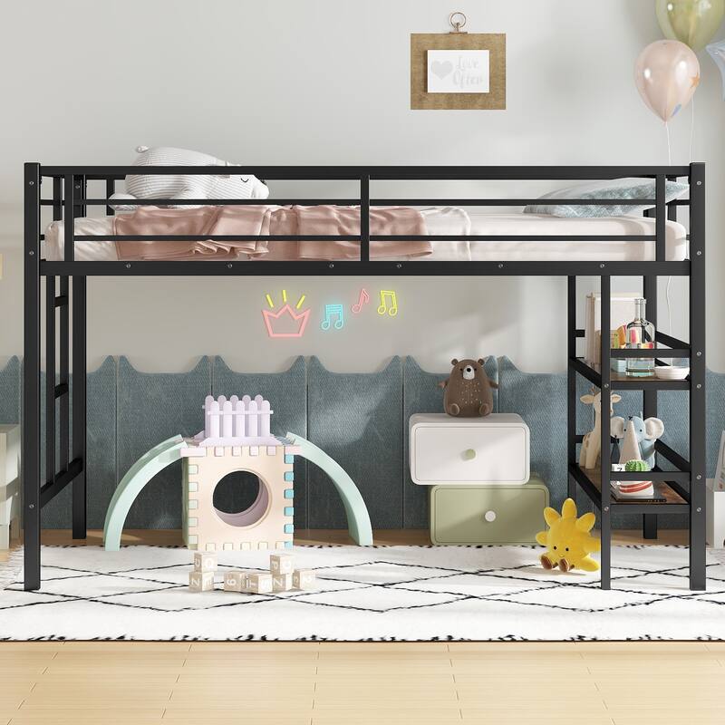 Metal Loft Bed with MDF Storage Shelves, Twin Size Loft Bed with Easy Climbing Ladder and Full-Length Guardrails for Kids - Black - Twin