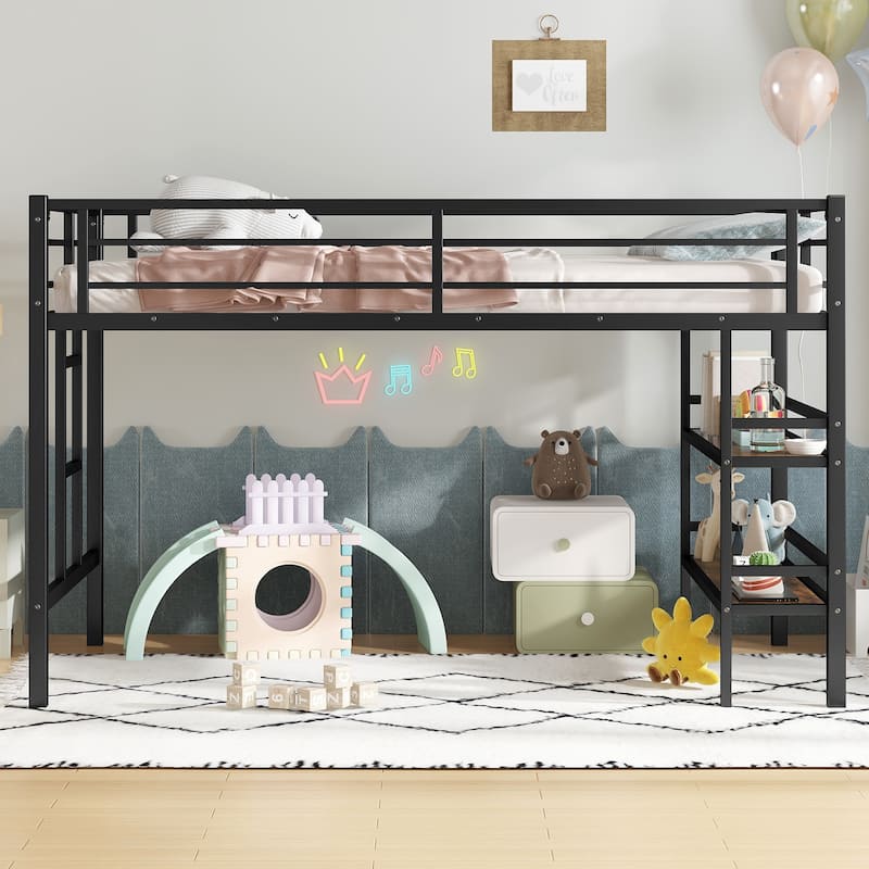 Twin Size Metal Loft Bed with Easy Climbing Ladder and Guardrails