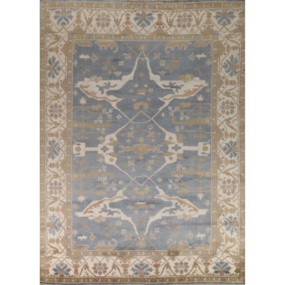 Blue & Ivory Oushak Indian Area Rug Handmade Wool Carpet - 9'2"x 12'0"