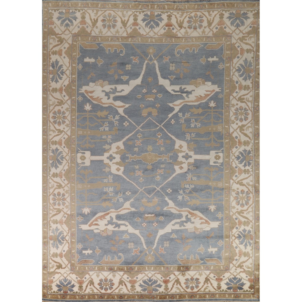 Blue & Ivory Oushak Indian Area Rug Handmade Wool Carpet - 9'2"x 12'0"