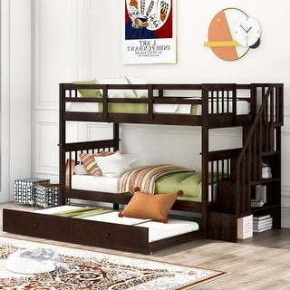 Minimalist Style Twin Over Twin Bunk Bed with Twin Size Trundle,Four Open Shelves Beneath the Staircase,Solid Wood Bed