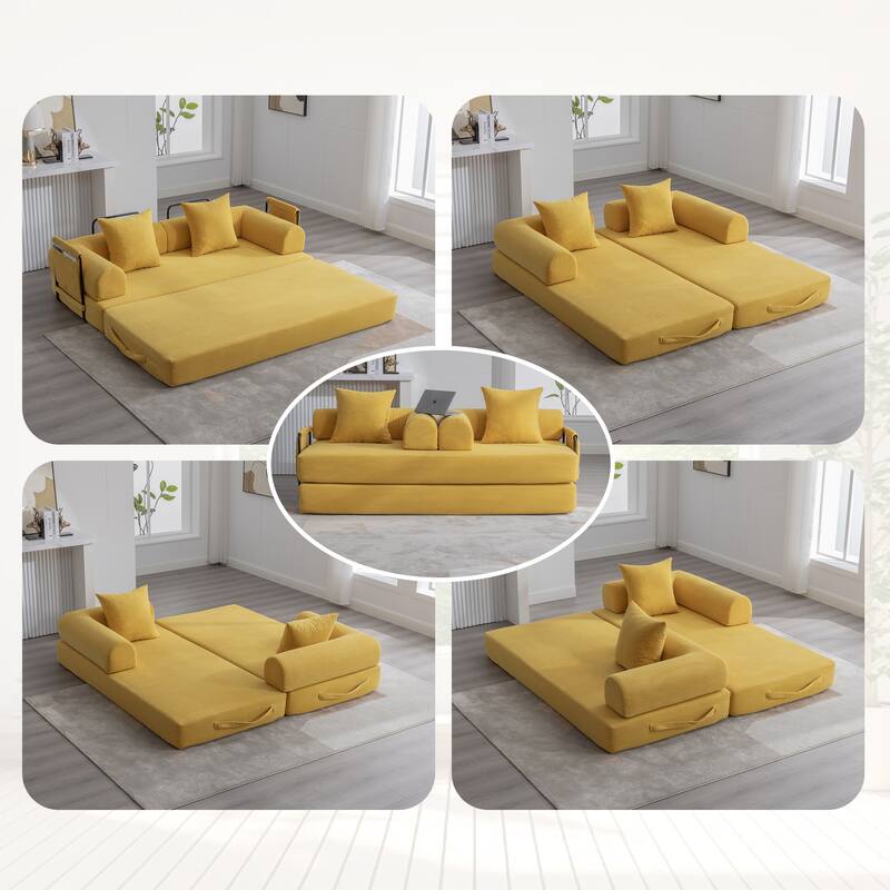 Foldable Modular Couch Sleeper Loveseat Sofa Bed with Storage Side Pocket, Detachable Metal Frame and Corduroy Fabric Cover - Mustard Yellow