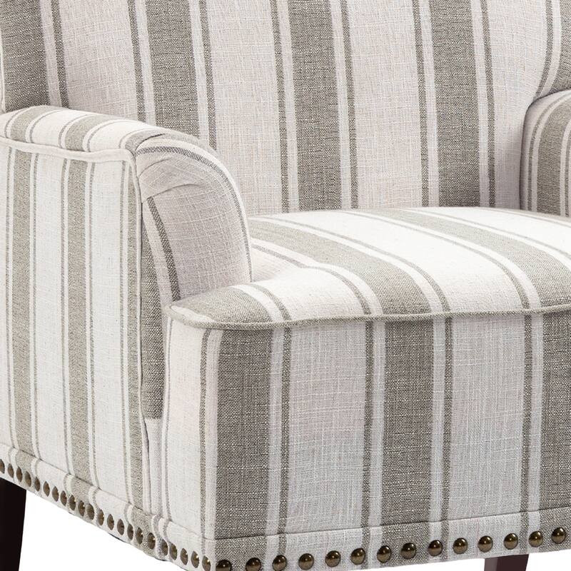 Set 2 Striped Upholstered Linen Armchair with Brass Nailhead Trim