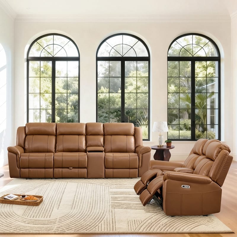 Spruce & Spring Genuine Leather Power Reclining Sofa with Optional Console & Flip-Down Table