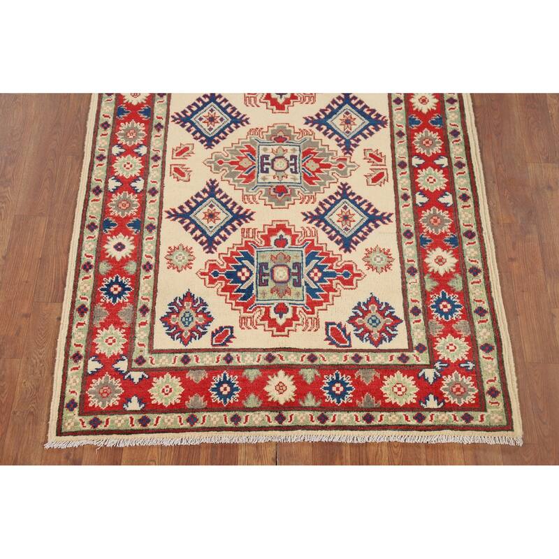 Beige Geometric Kazak Foyer Rug Oriental Handmade Wool Carpet - 3'6" x 5'1"