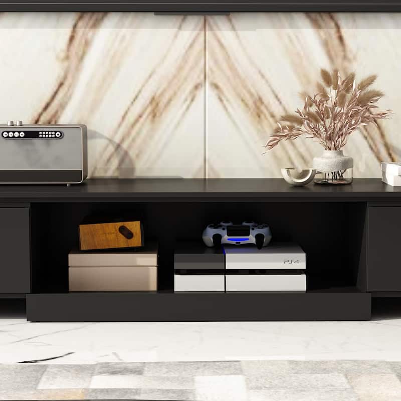 Sleek Entertainment Center with Drawers and Open Shelves