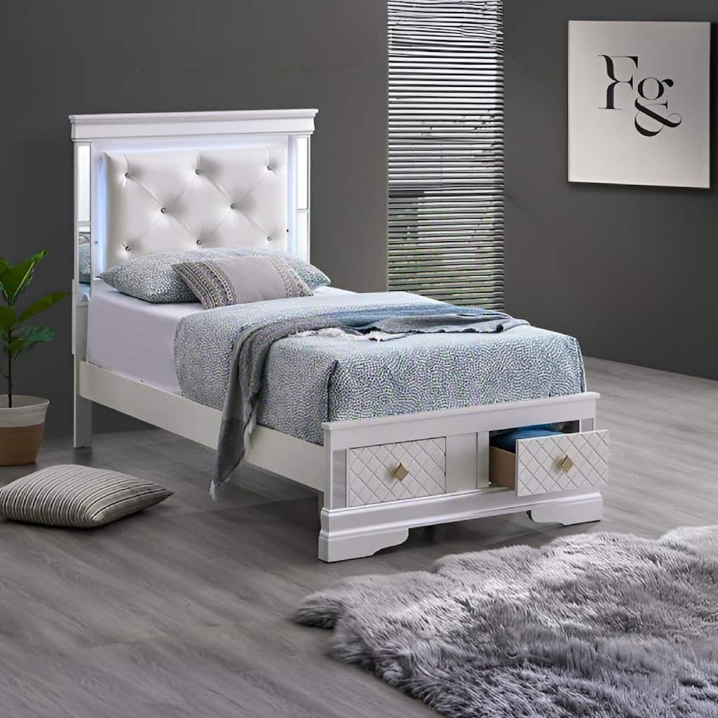 Pearl White Twin Bed with LED Headboard, Mirror Trim, and Storage Drawers