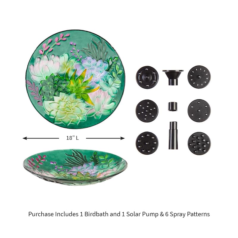 18" Glass Bird Bath Succulent w Solar Fountain