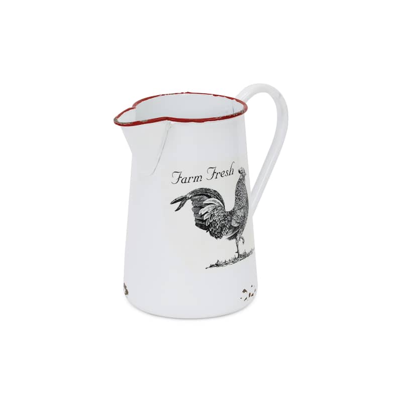 HomeRoots 8" Black And White Metal Farm Fresh Chicken Decorative Jug - 8.00 in. x 7.75 in. x 5.25 in.