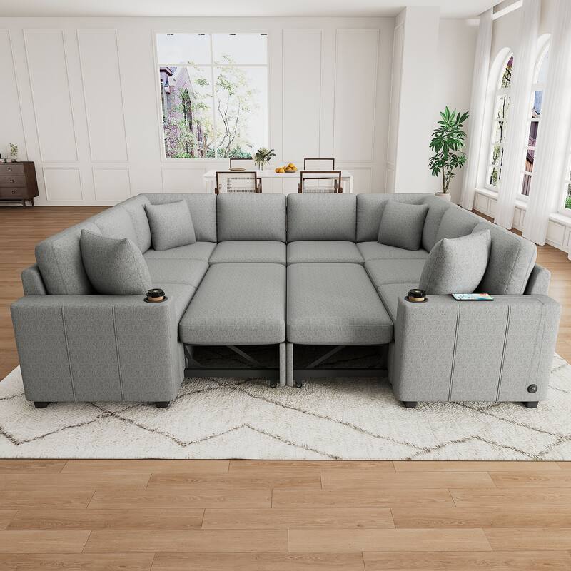 Convertible Sectional Sofa with Pull-out Sofa Bed and Dual Cup Holders
