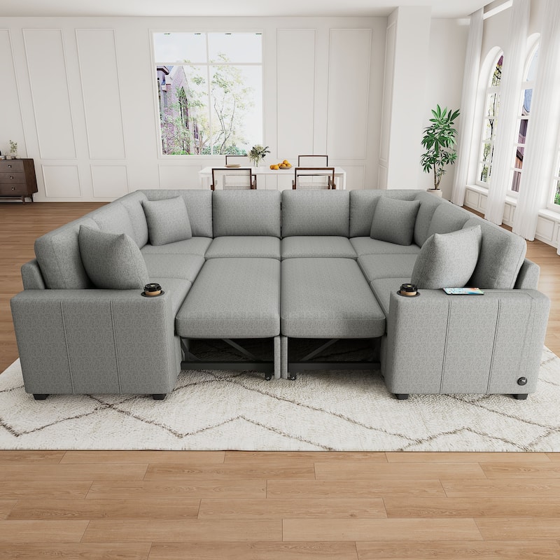 Roomfitters Convertible U-Shaped Sectional Sofa Bed with Pull-Out Sleeper for Living Room - Grey