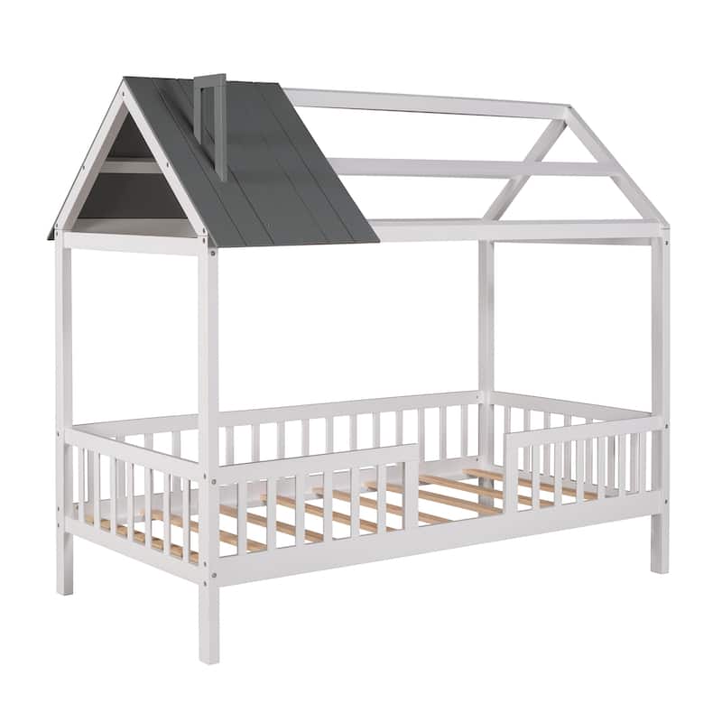 Pine House Platform Bed with Roof and Fence