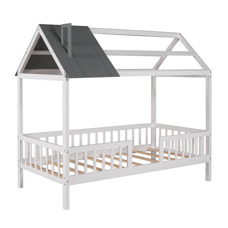 Twin Size House Bed with Fence and Roof Playhouse Design Solid Wood Frame