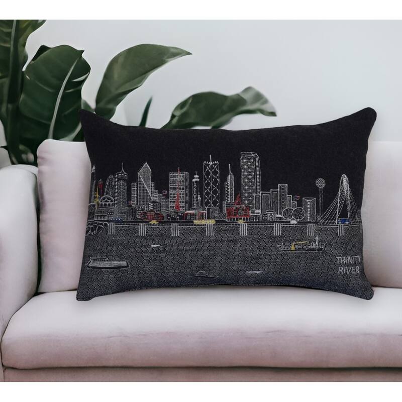 25" Black Dallas Nighttime Skyline Lumbar Decorative Pillow - Black Gray and White
