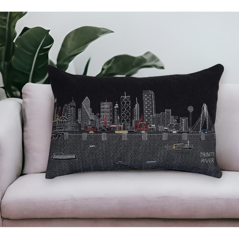 25" Black Dallas Nighttime Skyline Lumbar Decorative Pillow