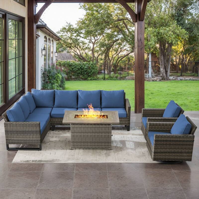 Gymojoy L-Shaped Outdoor Corner Sectional Sofa 6-seats Couch Conversation Set - 4 PCS - Fire Pit & Swivel Chairs - Grey Wicker / Blue Cusion