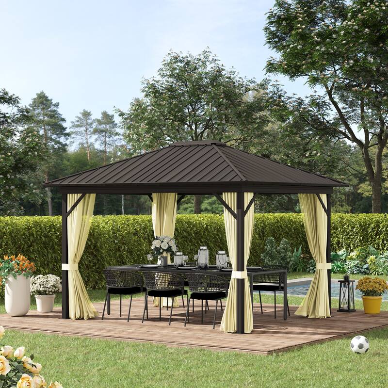 Outsunny 10' x 12' Outdoor Hardtop Gazebo Metal Roof Patio Gazebo with Aluminum Frame, Mesh Netting, Curtains, Brown - White