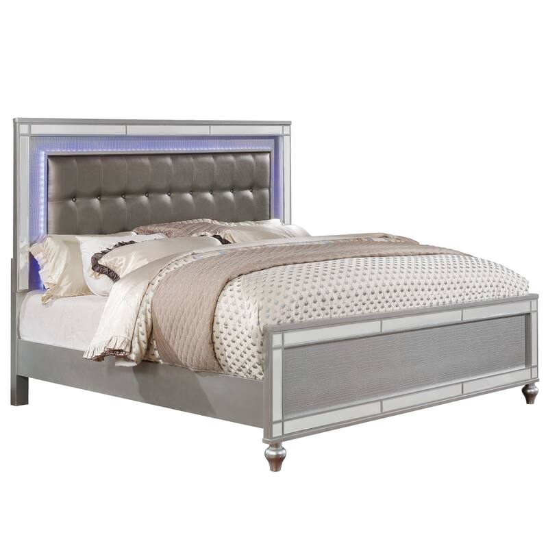 Derc Modern Solid Wood Upholstered Tufted Panel Bed with LED by Furniture of America - Silver - California King