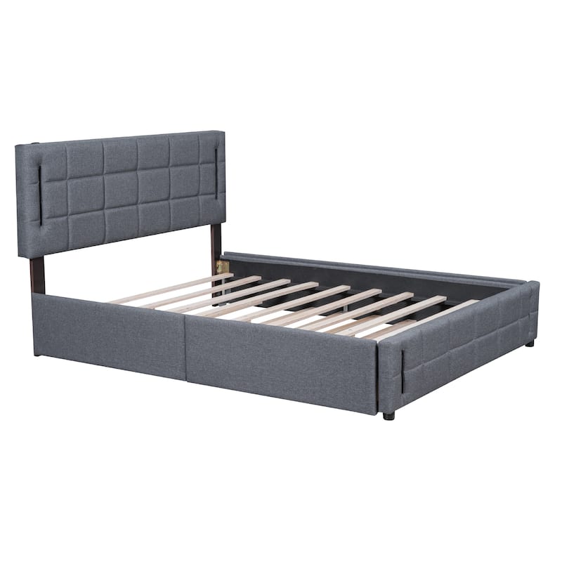 Queen Size Upholstered Platform Bed with Trundle and Drawers, Wood Bed ...