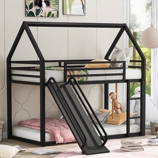 Twin over Twin Bunk Bed with Ladder and Slide, Black Metal Frame with High Guardrails, Playhouse Design for Fun and Safe Sleep