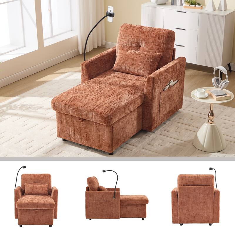 Multifunctional Recliner Sofa - Storage Backrest, Phone Holder, Chenille Leisure Chair - Living Room, Bedroom - Orange