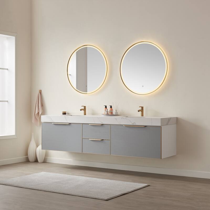 Alicante 84" Double Vanity in Grey with Sintered Stone Top, Mirror