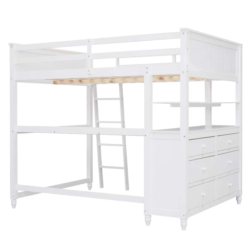 Full size Loft Bed with Drawers and Desk, Wooden Loft Bed with Shelves
